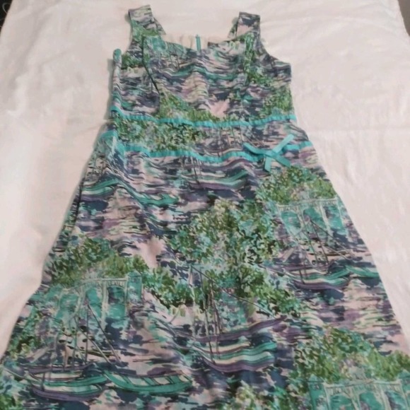 Rabbit Designs Watercolor Lake House Scenery Print Sheath Dress w/ Sash Green 6 - Picture 3 of 6